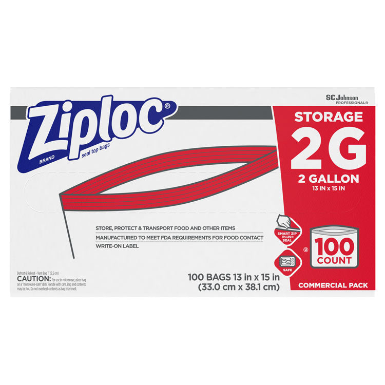 Ziploc - Double Zipper Storage Bags, 2 gal, 1.75 mil, 15" x 13", Clear, 100/Carton