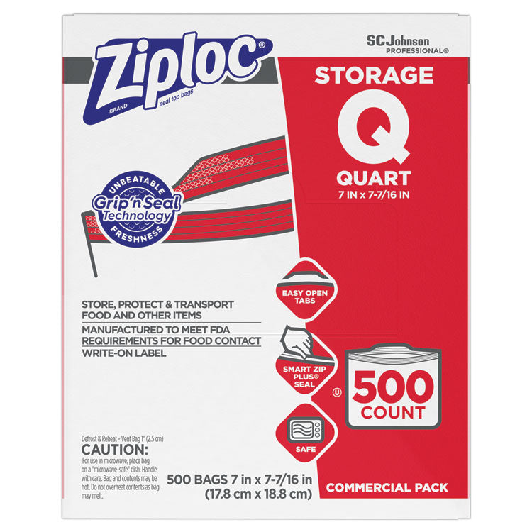 Ziploc - Double Zipper Storage Bags, 1 qt, 1.75 mil, 7" x 7.75", Clear, 500/Box