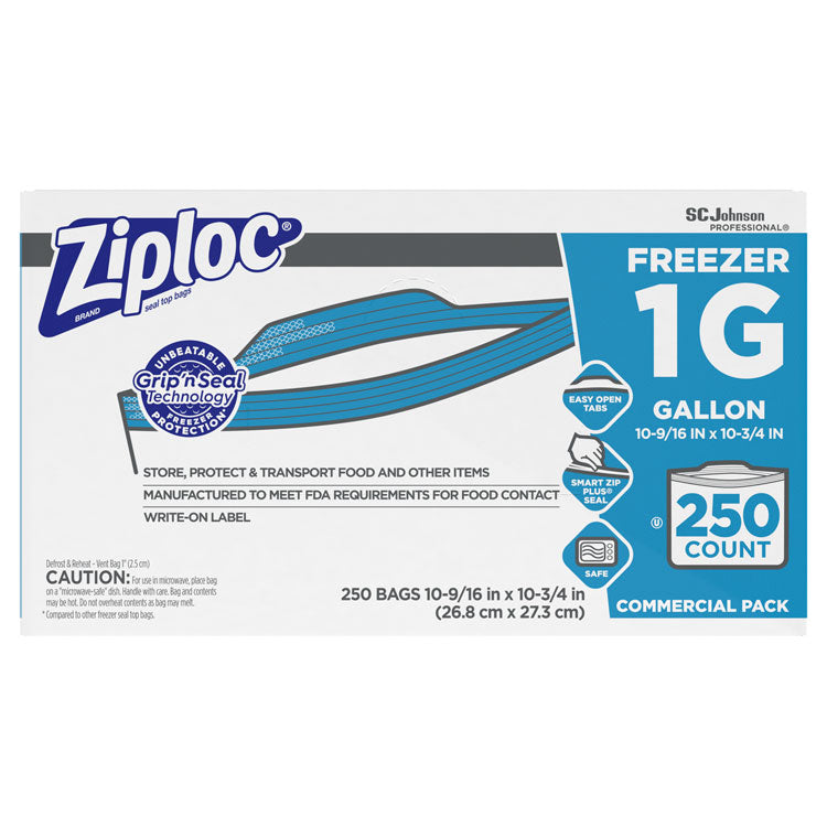 Ziploc - Double Zipper Freezer Bags, 1 gal, 2.7 mil, 10.56" x 10.75", Clear, 250/Carton