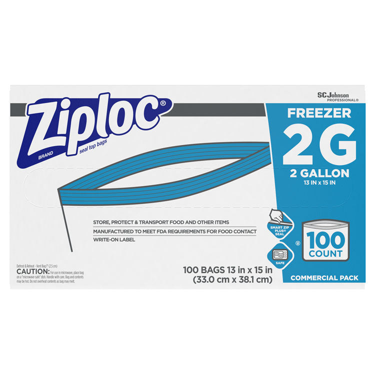 Ziploc - Double Zipper Freezer Bags, 2 gal, 2.7 mil, 13" x 15.5", Clear, 100/Carton