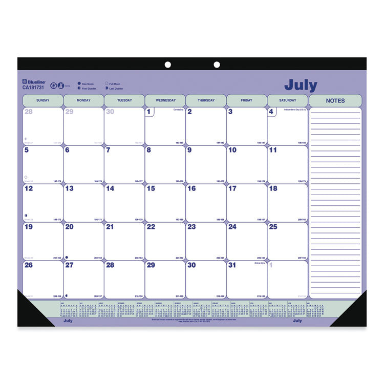 Blueline - Academic Monthly Desk Pad Calendar, 21.25 x 16, White/Blue/Green, Black Binding/Corners, 13-Month (July-July): 2023 to 2024