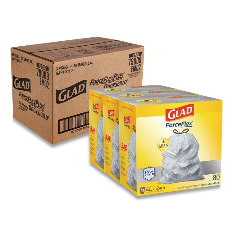 Glad - Tall Kitchen Drawstring Trash Bags, 13 gal, 0.72 mil, 23.75" x 24.88", White, 240/Carton (7773286)