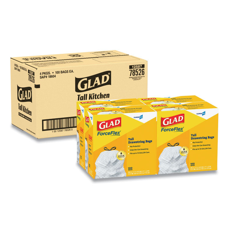 Glad - Tall Kitchen Drawstring Trash Bags, 13 gal, 0.72 mil, 24" x 27.38", Gray, 400/Carton