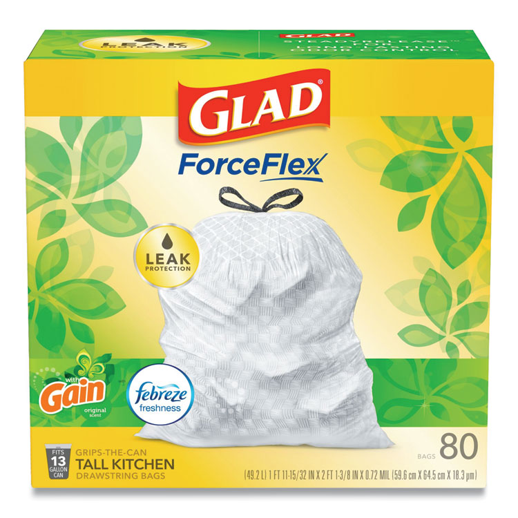 Glad - OdorShield Tall Kitchen Drawstring Bags, 13 gal, 0.95 mil, 24" x 27.38", White, 240/Carton (Original)