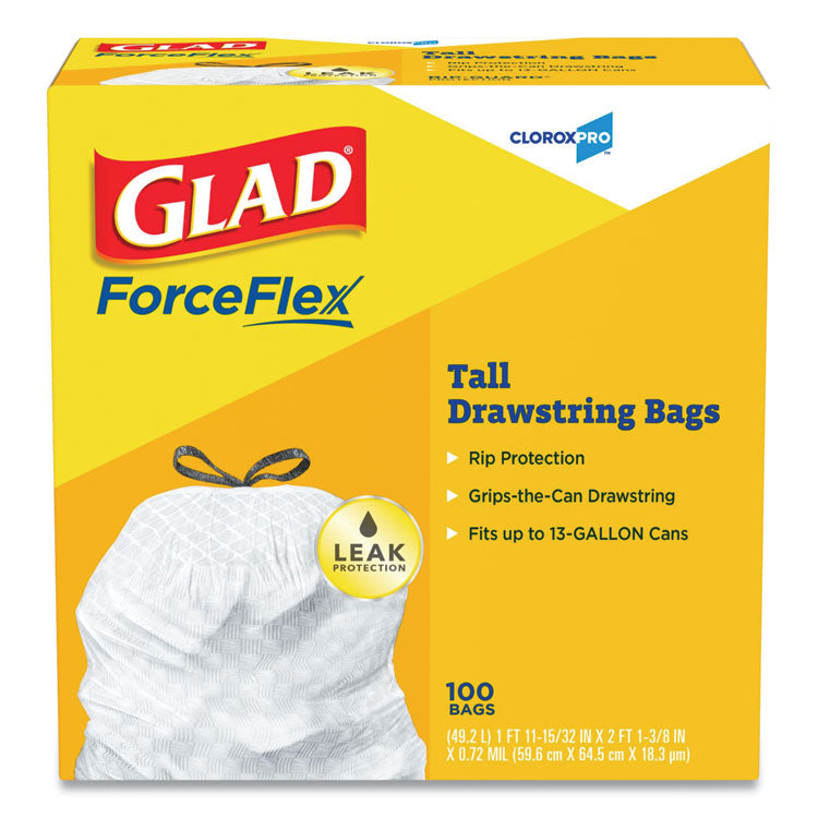 Glad - Tall Kitchen Drawstring Trash Bags, 13 gal, 0.72 mil, 24" x 27.38", Gray, 100/Box