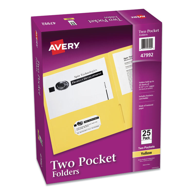 Avery - Two-Pocket Folder, 40-Sheet Capacity, 11 x 8.5, Yellow, 25/Box