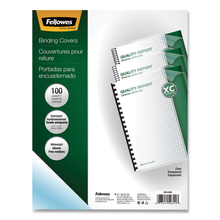 Fellowes - Crystals Transparent Presentation Covers for Binding Systems, Clear, with Round Corners, 11.25 x 8.75, Unpunched, 100/Pack