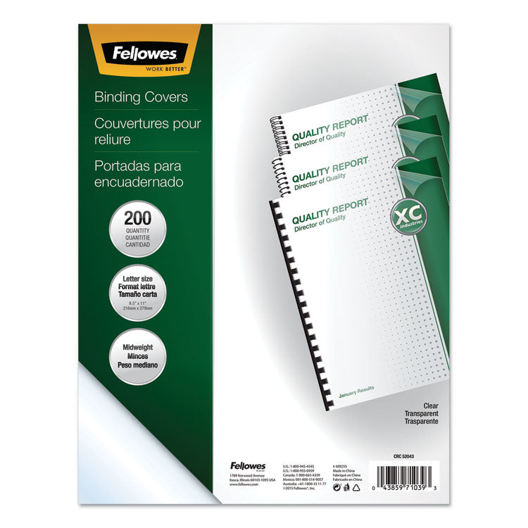 Fellowes - Crystals Transparent Presentation Covers for Binding Systems, Clear, with Square Corners 11 x 8.5, Unpunched, 200/Pack