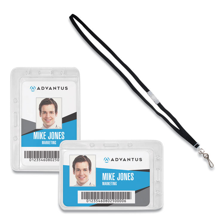 Advantus - Antimicrobial ID Security Badge Lanyard Combo, Horizontal, Clear 4.13" x 2.88" Holder, 3.5" x 2.25" Insert, 36" Cord, 20/Pack