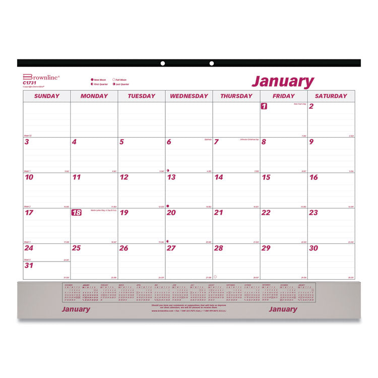 Brownline - Monthly Desk Pad Calendar, 22 x 17, White/Burgundy Sheets, Black Binding, Clear Corners, 12-Month (Jan to Dec): 2024