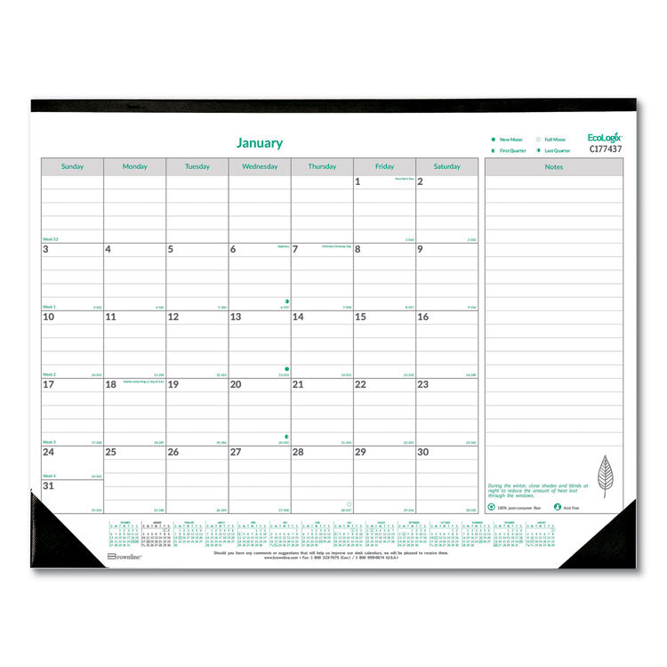 Brownline - EcoLogix Monthly Desk Pad Calendar, 22 x 17, White/Green Sheets, Black Binding/Corners, 12-Month (Jan to Dec): 2024