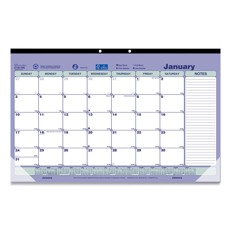 Brownline - Monthly Desk Pad Calendar, 17.75 x 10.88, White/Blue/Green Sheets, Black Binding, Clear Corners, 12-Month (Jan to Dec): 2024