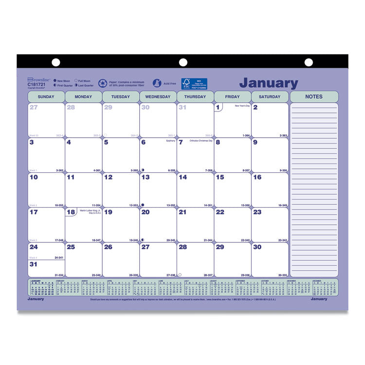 Brownline - Monthly Desk Pad Calendar, 11 x 8.5, White/Blue/Green Sheets, Black Binding, 12-Month (Jan to Dec): 2024