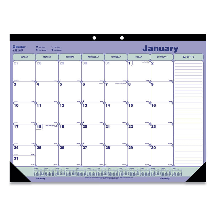 Blueline - Monthly Desk Pad Calendar, 21.25 x 16, White/Blue/Green Sheets, Black Binding, Black Corners, 12-Month (Jan to Dec): 2024