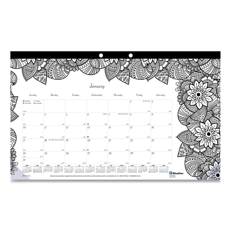 Blueline - Monthly Desk Pad Calendar, DoodlePlan Coloring Pages, 17.75 x 10.88, Black Binding, Clear Corners, 12-Month (Jan-Dec): 2024