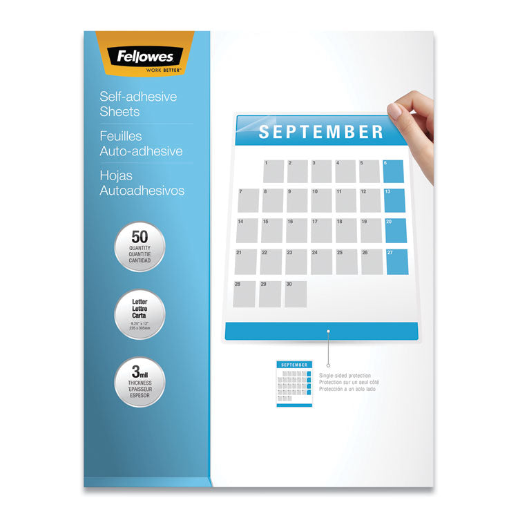 Fellowes - Self-Adhesive Laminating Sheets, 3 mil, 9.25" x 12", Gloss Clear, 50/Box