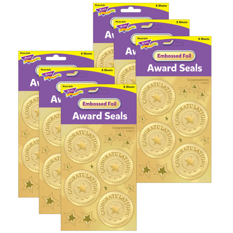 TREND - Congratulations (Gold) Award Seals Stickers, 32 Per Pack, 6 Packs