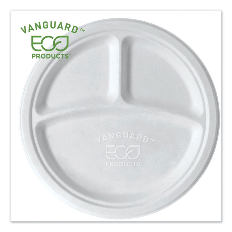 Eco-Products - Vanguard Renewable and Compostable Sugarcane Plates, 3-Compartment, 10" dia, White, 500/Carton