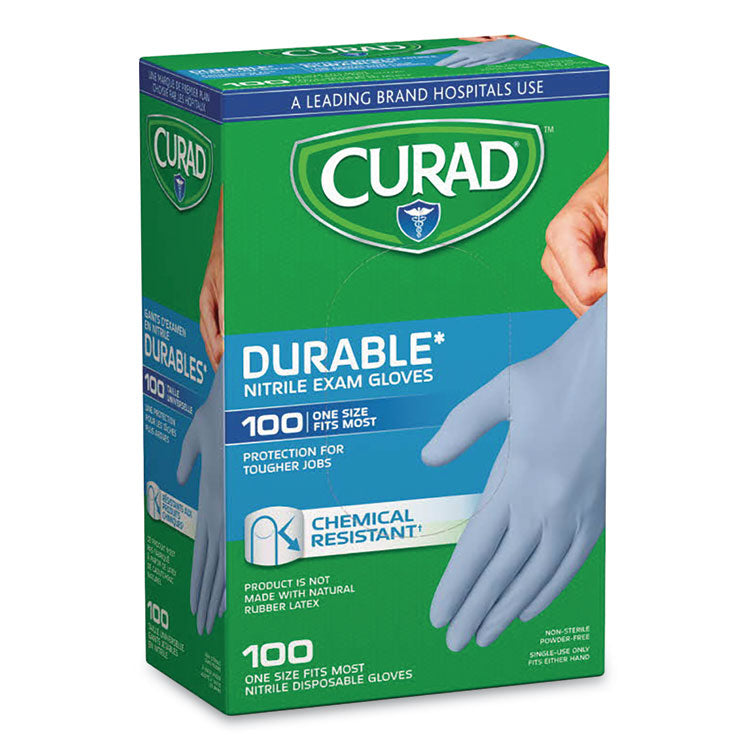 Curad - Powder-Free Nitrile Exam Gloves, One Size, Blue, 100/Box