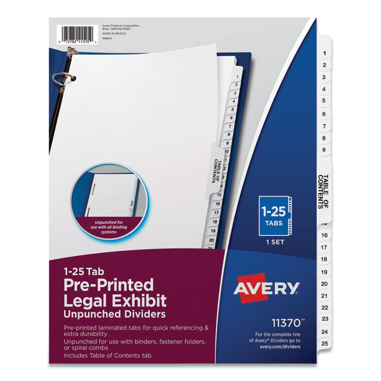 Avery - Preprinted Legal Exhibit Side Tab Index Dividers, Avery Style, 25-Tab, 1 to 25, 11 x 8.5, White, 1 Set