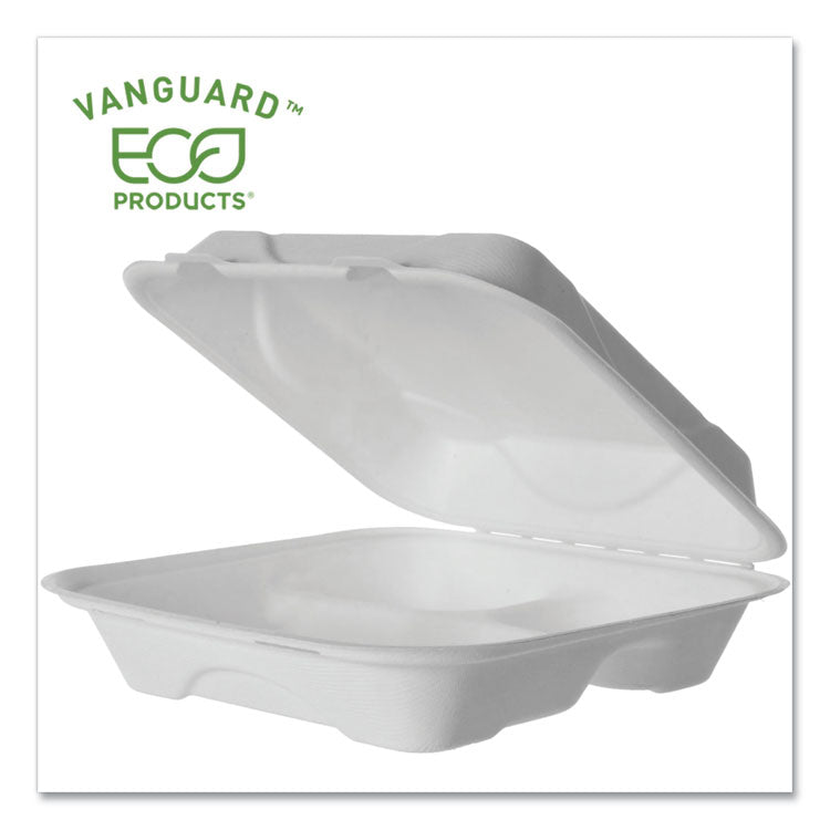 Eco-Products - Vanguard Renewable and Compostable Sugarcane Clamshells, 3-Compartment, 9 x 9 x 3, White, 200/Carton