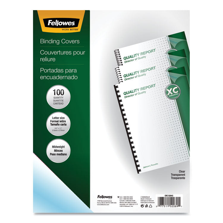 Fellowes - Crystals Transparent Presentation Covers for Binding Systems, Clear, with Square Corners, 11 x 8.5, Unpunched, 100/Pack