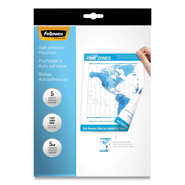 Fellowes - Self-Adhesive Laminating Pouches, 5 mil, 9" x 11.5", Gloss Clear, 5/Pack