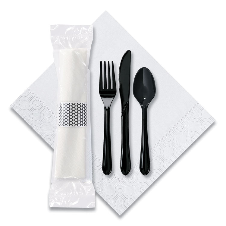 Hoffmaster - CaterWrap Cater to Go Express Cutlery Kit, Fork/Knife/Spoon/Napkin, Black, 100/Carton