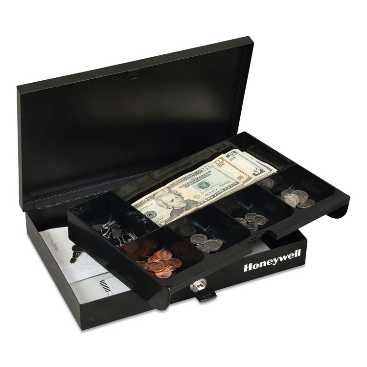 Honeywell - Low Profile Cash Box,1 Bill, 5 Coin Slots, Key Lock, 11.6 x 8 x 1.9, Steel, Black