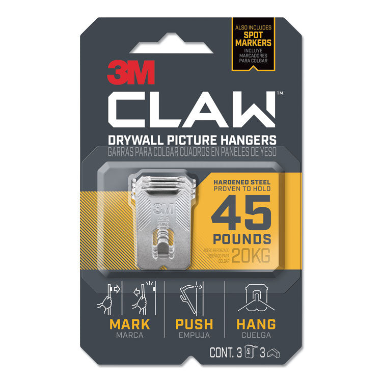 3M - Claw Drywall Picture Hanger, Holds 45 lbs, 3 Hooks and 3 Spot Markers, Stainless Steel