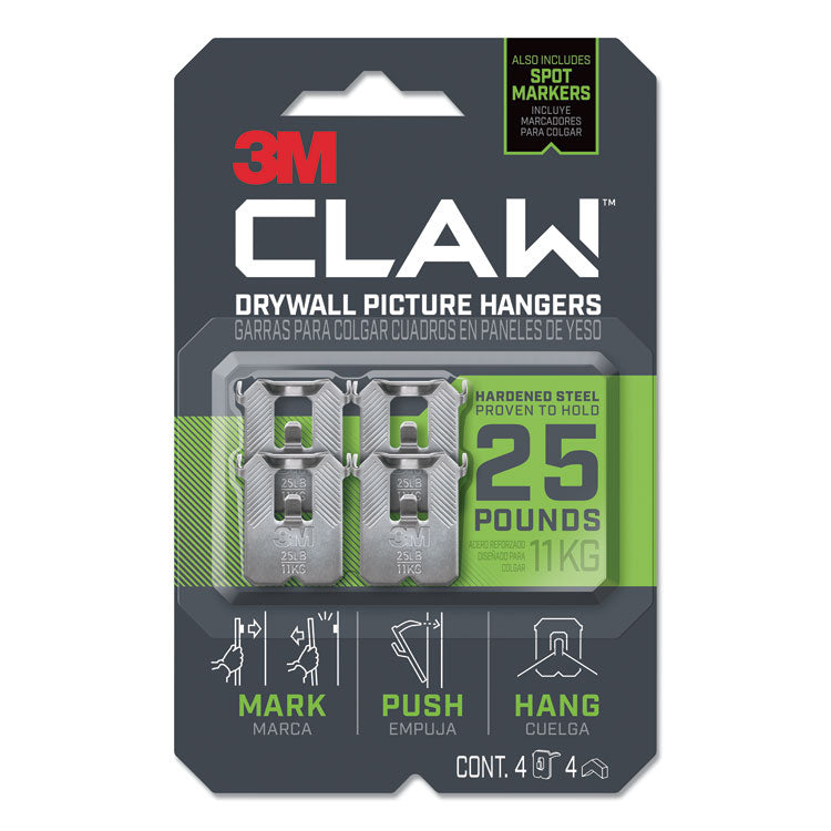 3M - Claw Drywall Picture Hanger, Holds 25 lbs, 4 Hooks and 4 Spot Markers, Stainless Steel