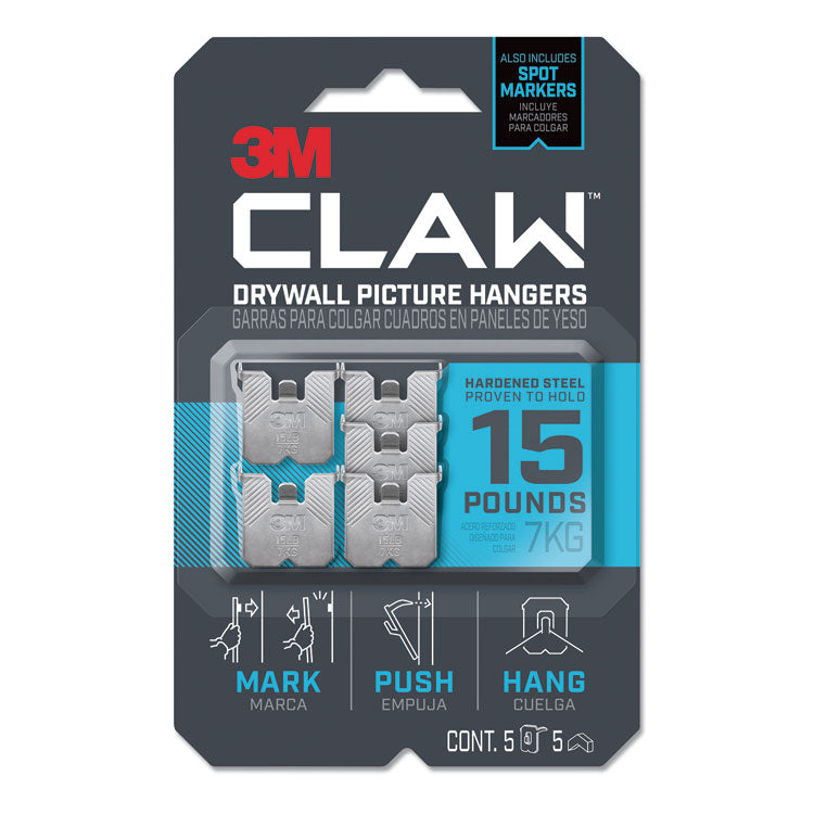 3M - Claw Drywall Picture Hanger, Holds 15 lbs, 5 Hooks and 5 Spot Markers, Stainless Steel