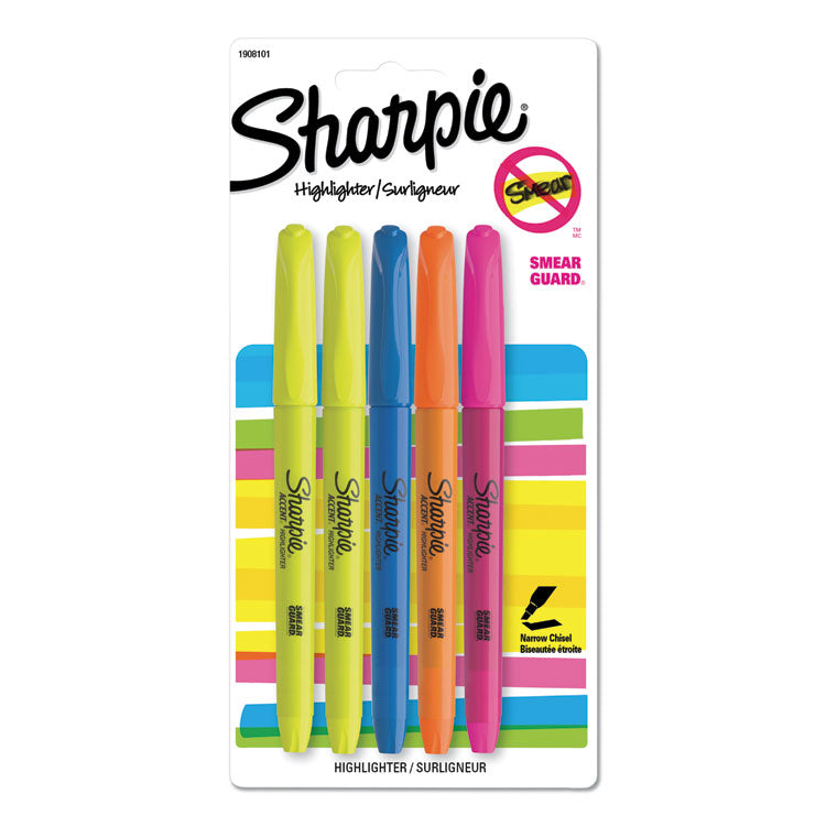 Sharpie - Pocket Style Highlighters, Assorted Ink Colors, Chisel Tip, Assorted Barrel Colors, 5/Set