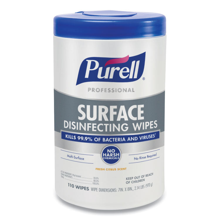 PURELL - Professional Surface Disinfecting Wipes, 7 x 8, Fresh Citrus, 110/Canister, 6 Canisters/Carton