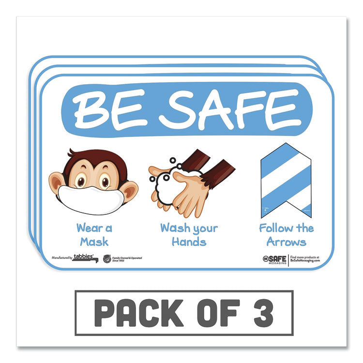 Tabbies - BeSafe Messaging Education Wall Signs, 9 x 6,  "Be Safe, Wear a Mask, Wash Your Hands, Follow the Arrows", Monkey, 3/Pack
