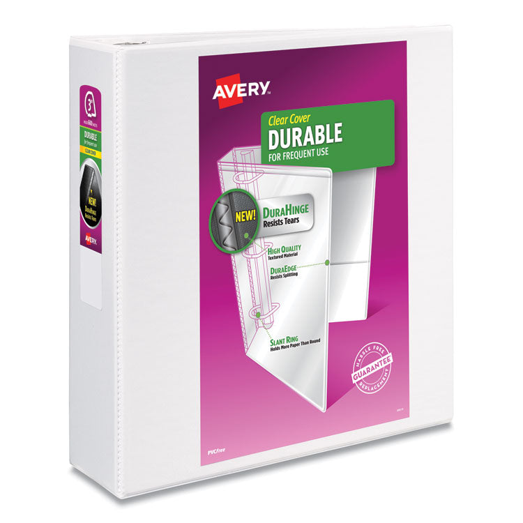 Avery - Durable View Binder with DuraHinge and Slant Rings, 3 Rings, 3" Capacity, 11 x 8.5, White, 4/Pack