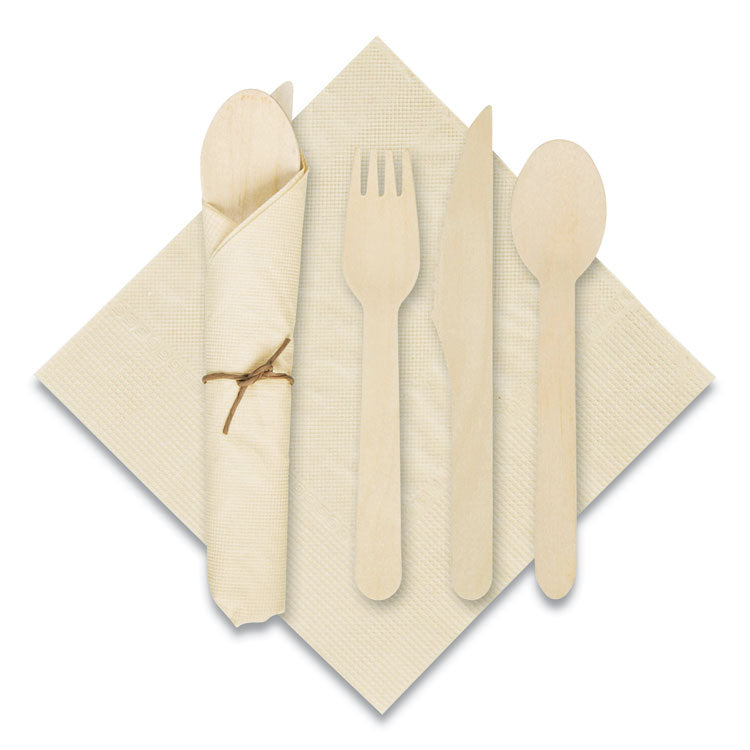 Hoffmaster - Pre-Rolled Caterwrap Kraft Napkins with Wood Cutlery, 6 x 12 Napkin;Fork;Knife;Spoon, 7" to 9", Kraft, 100/Carton