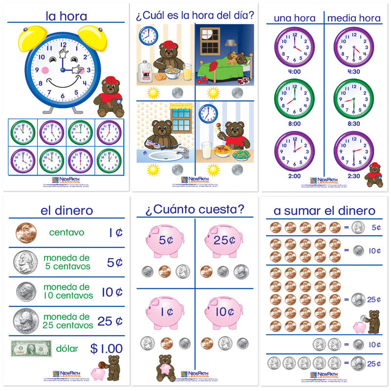 Time & Money Bulletin Board Charts, Set of 6, Spanish Edition