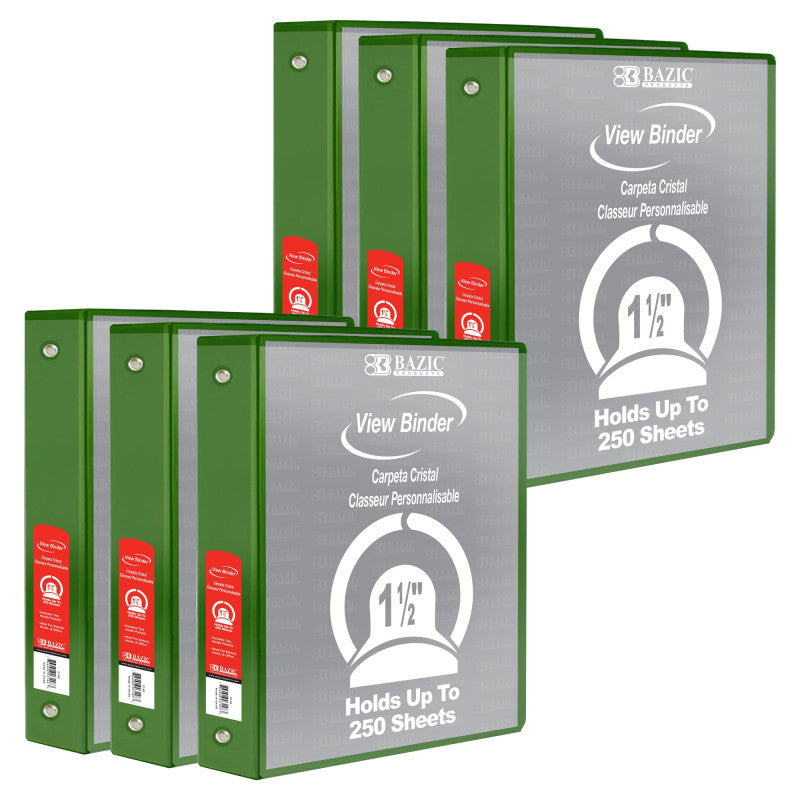BAZIC PRODUCTS - 3-Ring View Binder with 2 Pockets, 1.5", Green, Pack of 6