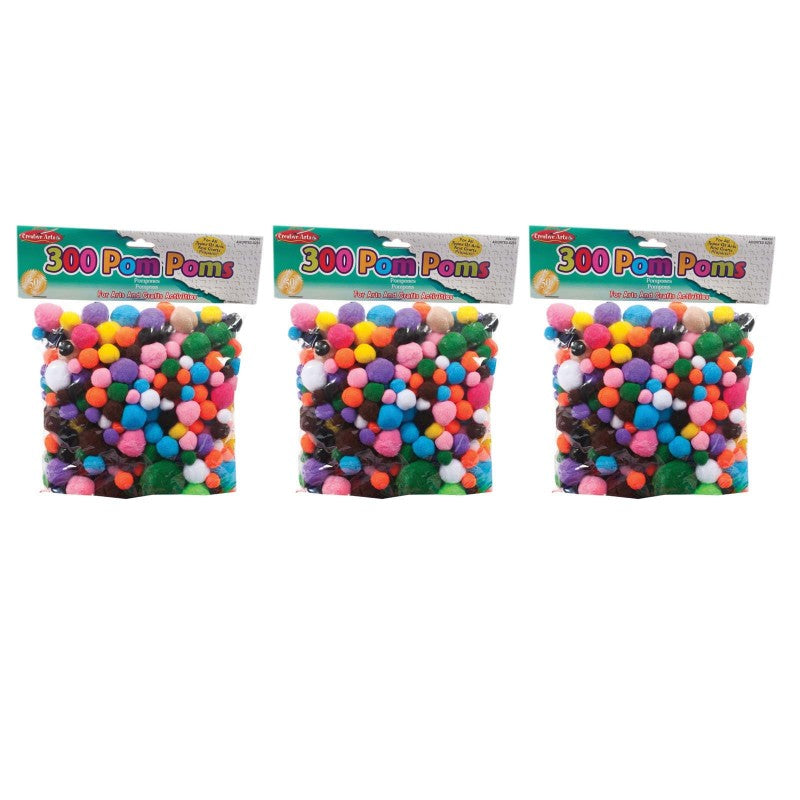 CHARLES LEONARD - Creative Arts™ Pom-Poms, Assorted Colors/Sizes, 300 Per Pack, 3 Packs