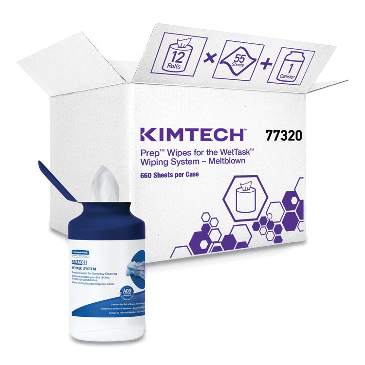 Kimtech - WetTask System Prep Wipers for Bleach/Disinfectants/Sanitizers Hygienic Enclosed System Refills, w/Canister, 55/Rl,12 Roll/Ct