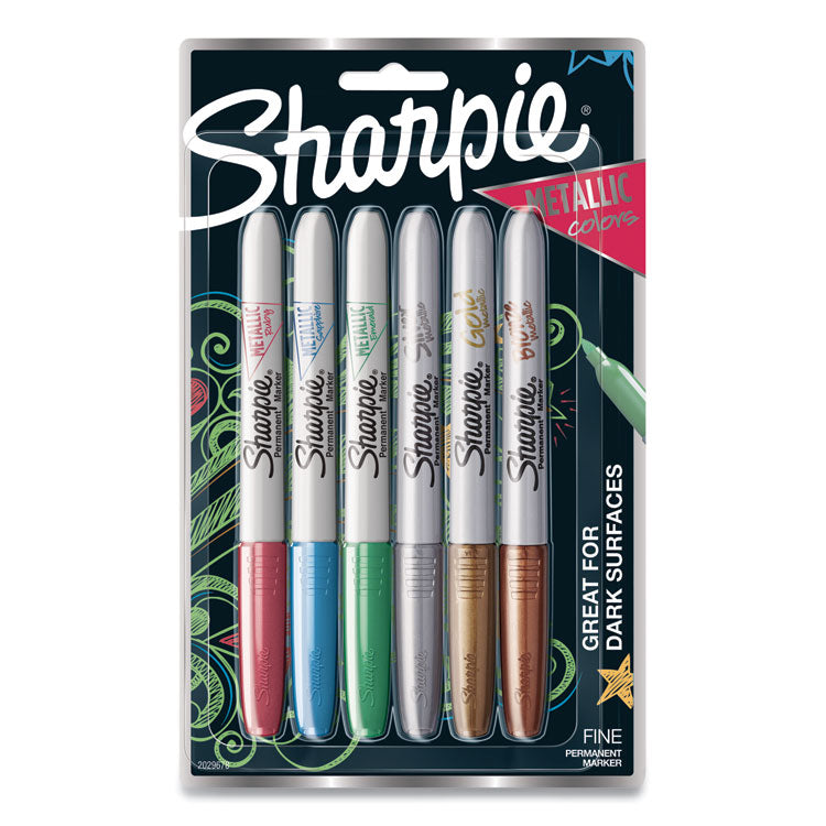 Sharpie - Metallic Fine Point Permanent Markers, Fine Bullet Tip, Blue-Green-Red, 6/Pack