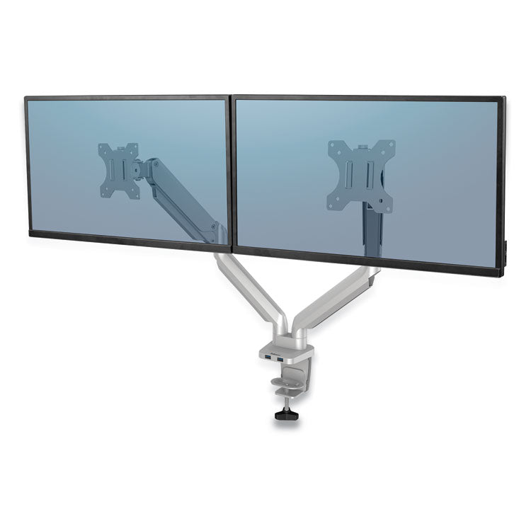 Fellowes - Platinum Series Dual Monitor Arm, For 27" Monitors, 360 deg Rotation, 45 deg Tilt, 180 deg Pan, Silver, Supports 20 lb