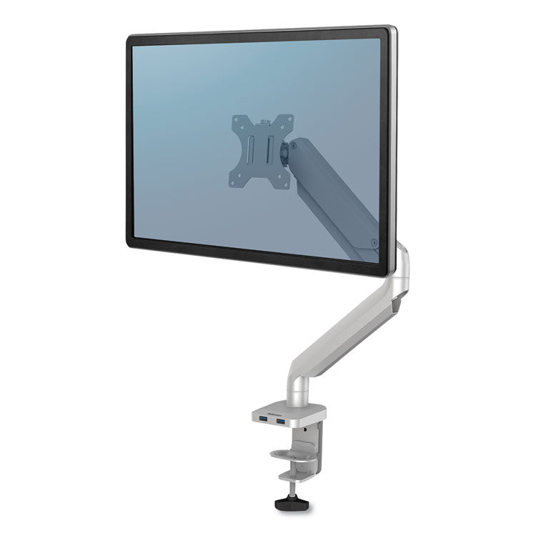 Fellowes - Platinum Series Single Monitor Arm, For 27" Monitors, 360 deg Rotation, 45 deg Tilt, 180 deg Pan, Silver, Supports 20 lb