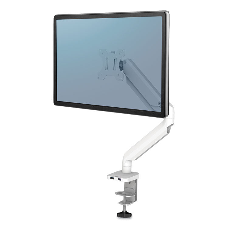 Fellowes - Platinum Series Single Monitor Arm, For 27" Monitors, 360 deg Rotation, 45 deg Tilt, 180 deg Pan, White, Supports 20 lb