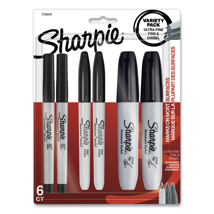 Sharpie - Mixed Point Size Permanent Markers, Assorted Tip Sizes/Types, Black, 6/Pack