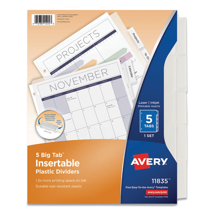 Avery - Insertable Big Tab Plastic Dividers, 5-Tab, 11 x 8.5, Clear, 1 Set