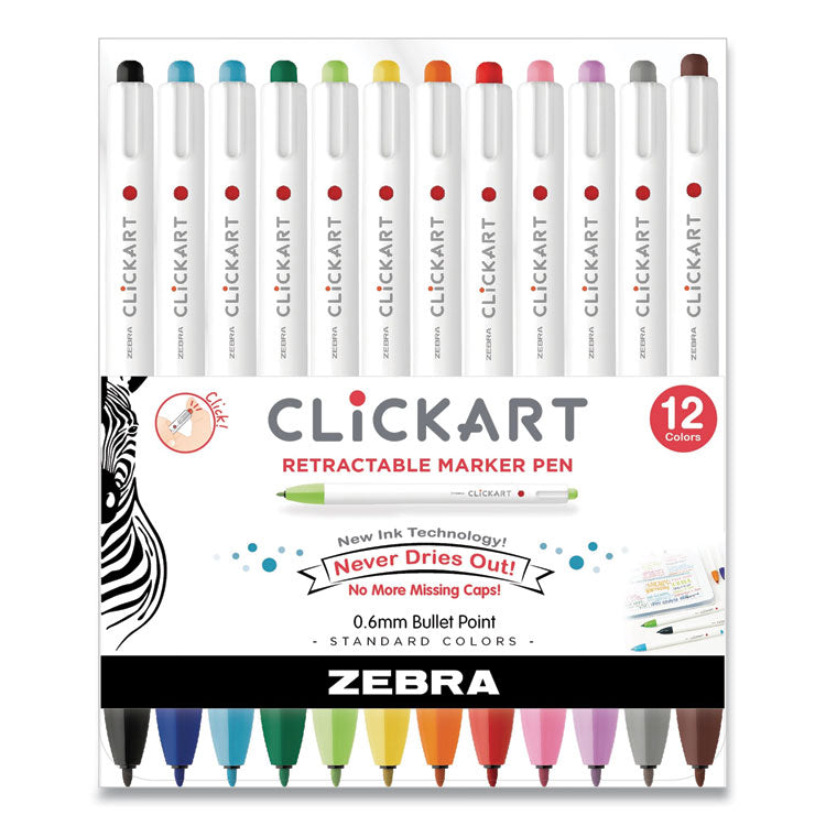 Zebra - ClickArt Porous Point Pen, Retractable, Fine 0.6 mm, Assorted Ink Colors, White/Assorted Barrel, 12/Pack