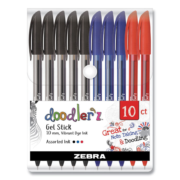 Zebra - Doodler'z Gel Pen, Stick, Bold 1 mm, Assorted Ink and Barrel Colors, 10/Pack