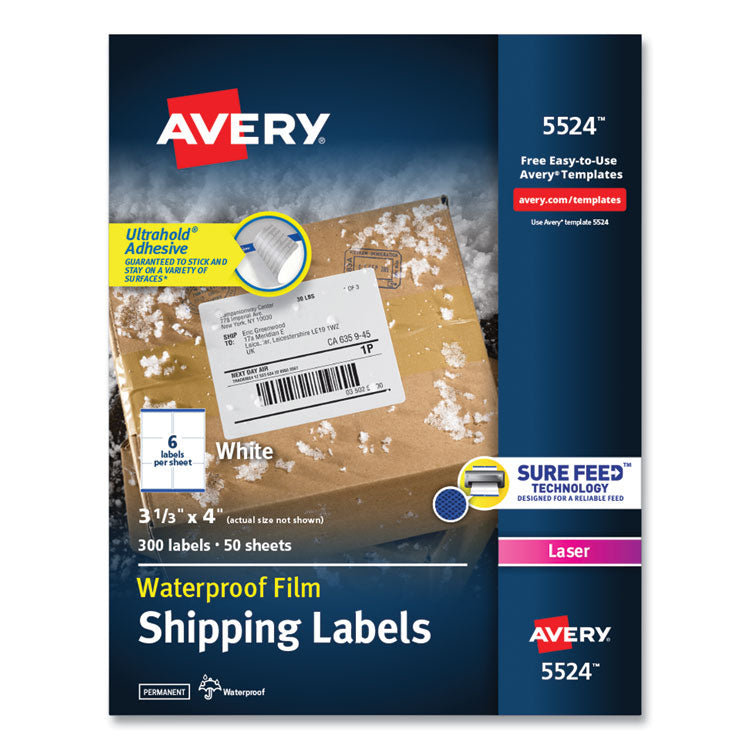 Avery - Waterproof Shipping Labels with TrueBlock and Sure Feed, Laser Printers, 3.33 x 4, White, 6/Sheet, 50 Sheets/Pack